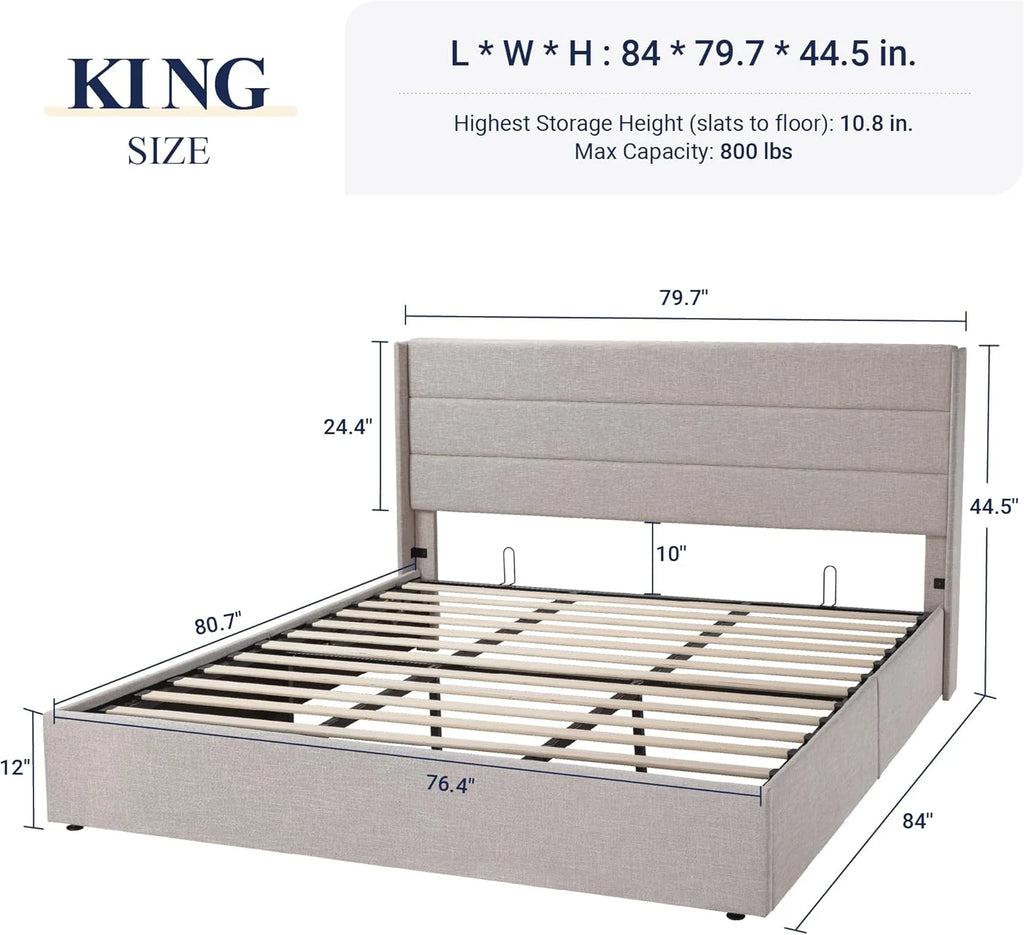 Allewie Queen Size Lift Up Storage Bed Modern Wingback Headboard Hydraulic Support
