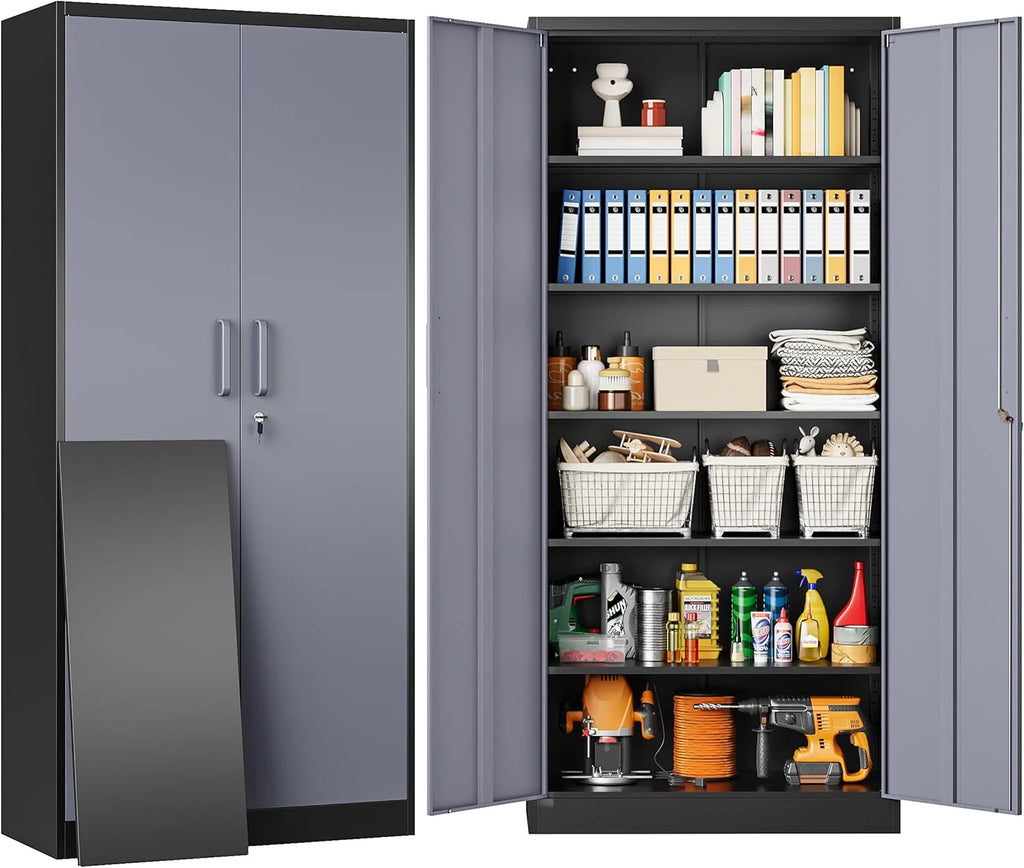 Metal Storage Cabinet with 2 Doors and 6 Shelves, Black Metal Cabinet with Lock, 71 Inch Lockable Garage Storage Cabinet