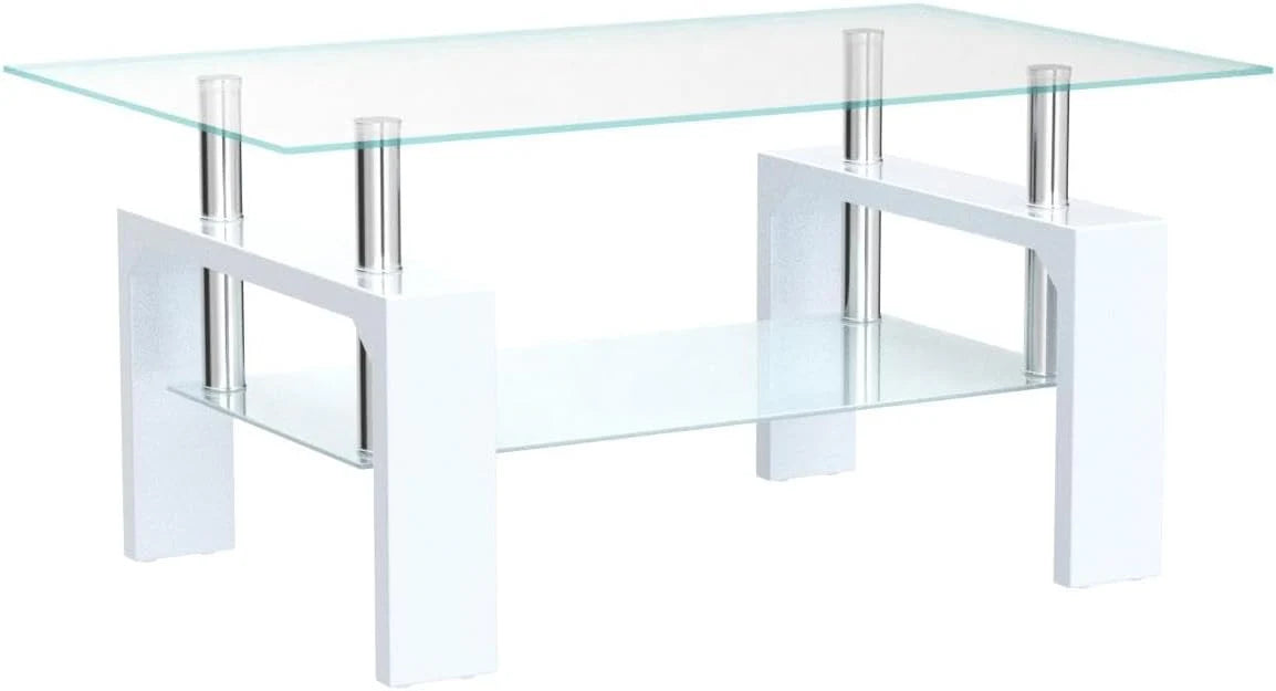 Living Room Rectangle Coffee Table, Tea Table Suitable for Waiting Room, Modern Side Coffee Table with Wooden Leg, Glass Tabletop