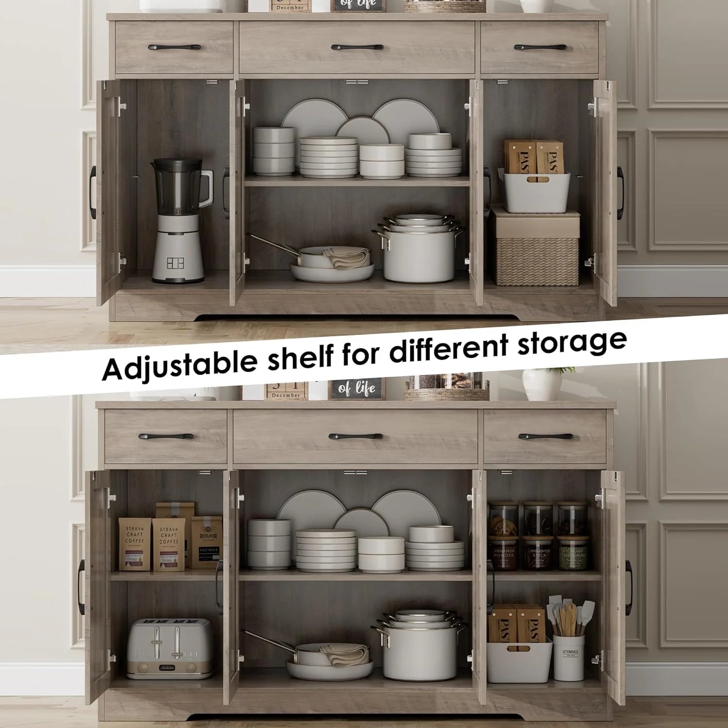 Sideboard with drawers, large 55-inch sideboard, sideboard storage with shelves and doors, modern farmhouse coffee bar wood kitchen dining table