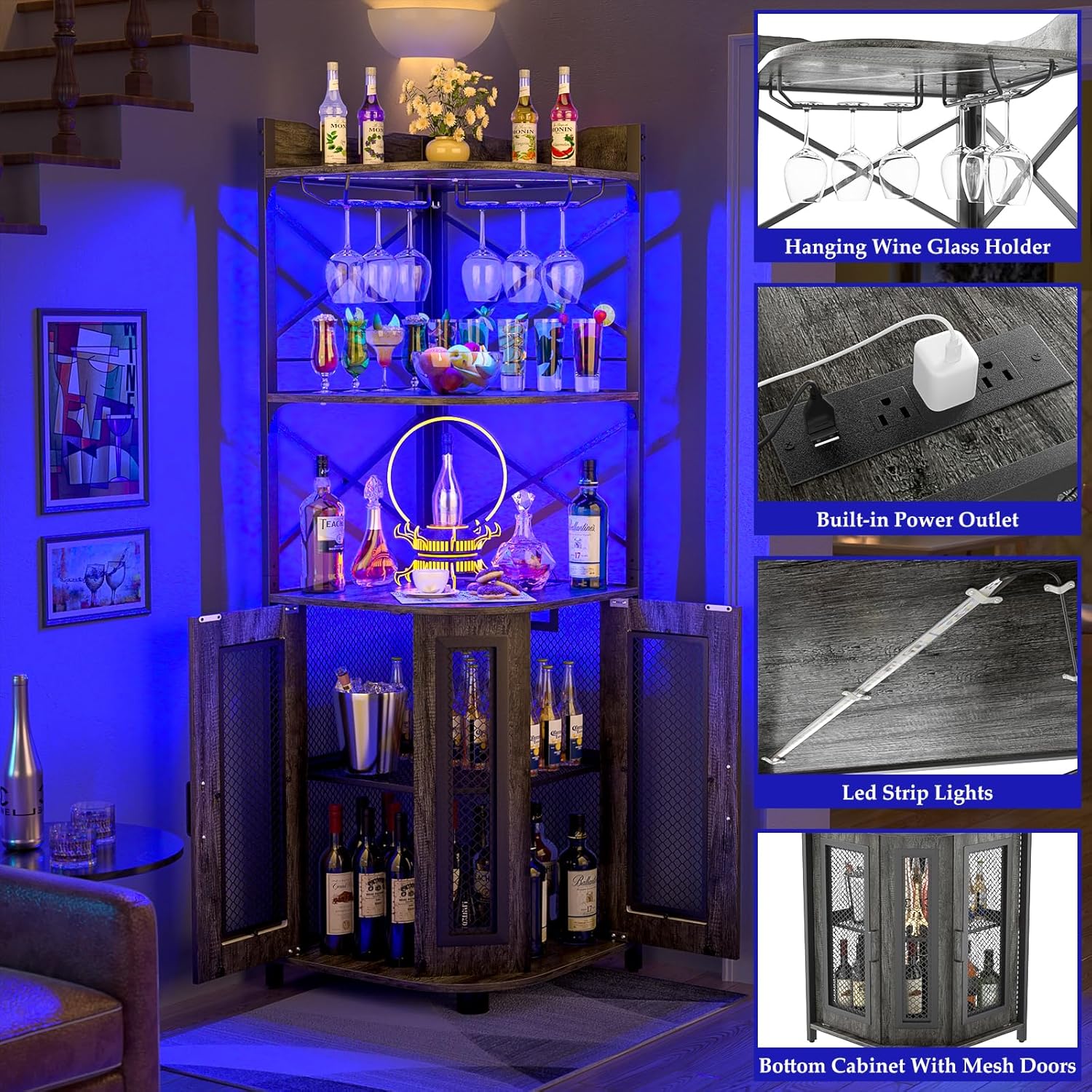 Aheaplus Corner Bar Cabinet with Power Outlet, Industrial Wine Cabinet with LED Strip and Glass Holder, 5-Tiers Liquor Cabinet Bar Unit for Home, Corner Display Cabinet for Small Space, White Oak